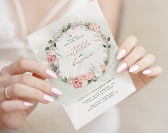 Dusty Rose Wedding Invitation Template: Boho Rosegold Greenery (Printable)