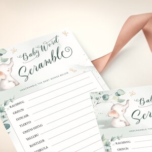 May include: A printable baby shower game with an illustration of a cute elephant. The game is called "Baby Word Scramble" and asks players to unscramble the baby words below.