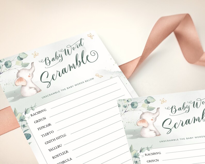 May include: A printable baby shower game with an illustration of a cute elephant. The game is called "Baby Word Scramble" and asks players to unscramble the baby words below.