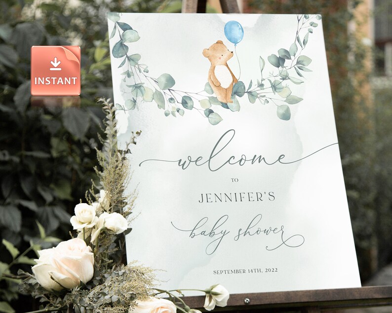 BALU - Bear Baby Shower Welcome Sign, Baby Shower Sign, Editable Baby ...