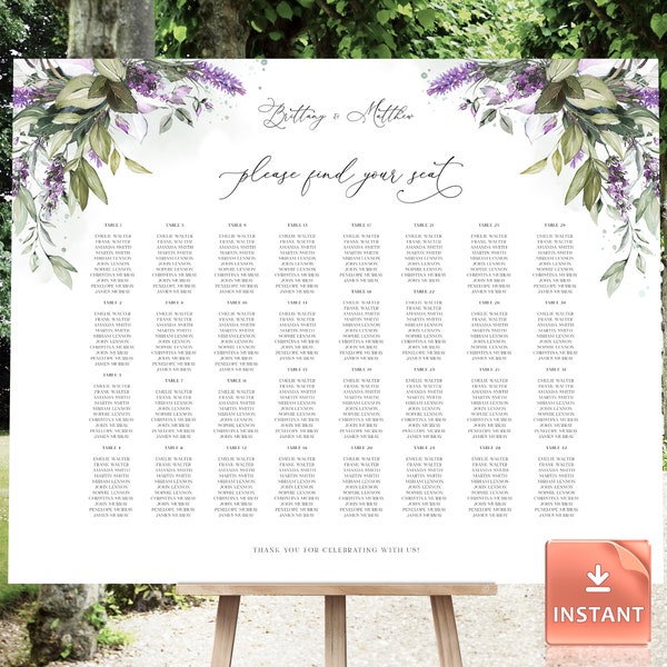 LAMI - Lavender Seating Chart, Purple Seating, Find Your Seat Chart, Garden Seating Chart, DIY Table Plan, Table Seating Chart, Lilac Chart