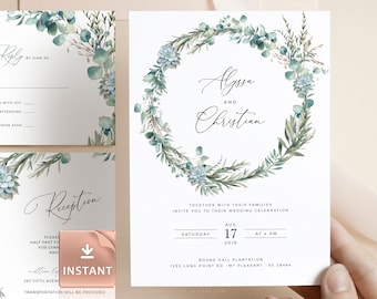 Succulent Invitation Template Set with Rosemary Eucalyptus Greenery Leaves, Wedding Printables, Boho Invitations, Wedding Invitation Set