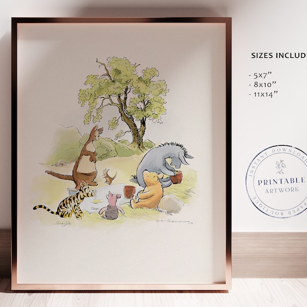POOH Picknick Nursery Decoration Printable Winnie-The-Pooh Classic, Baby Shower, Pooh Birthday Party, Centerpiece, 5x7 8x10 11x14 A.A. Milne