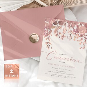 May include: A blush pink invitation with a floral design and the text "Join us for a Quincea&ntilde;era honoring Consuela Fernanda Saturday, August 7th, 2021 1 PM at Oriole 641 W Walnut St, Chicago, IL 60661, USA RSVP by 09.07.2021 to Jasmine at (555) 123-4567 Registered at Target & Macy's"