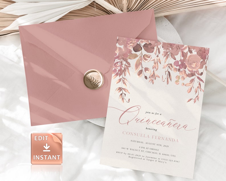 May include: A blush pink invitation with a floral design and the text "Join us for a Quincea&ntilde;era honoring Consuela Fernanda Saturday, August 7th, 2021 1 PM at Oriole 641 W Walnut St, Chicago, IL 60661, USA RSVP by 09.07.2021 to Jasmine at (555) 123-4567 Registered at Target & Macy's"