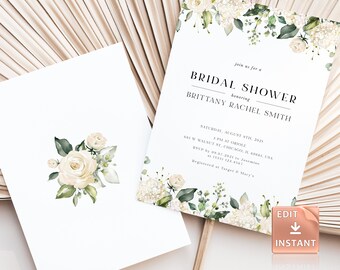 May include: White floral bridal shower invitation with green leaves and the text "join us for a BRIDAL SHOWER honoring BRITTANY RACHEL SMITH SATURDAY, AUGUST 9TH, 2021 3 PM AT ORIOLE 664 W WALNUT ST, CHICAGO, IL 60661, USA RSVP by 09.07.2021 to Jasemine at (355) 123.4567 Registered at Target & Macy's"