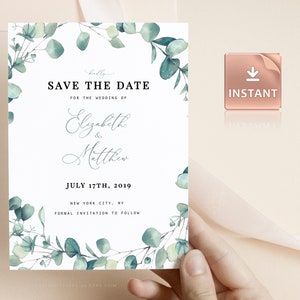 LAILA - Eucalyptus groen Save the Date Card, afdrukbare Boho aquarel eucalyptus, INSTANT DOWNLOAD, afdrukbare kaarten bewerkbare sjabloon