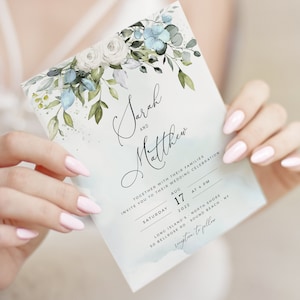 SALMA - Dusty Blue Greenery Wedding Invitation Template, Watercolor Eucalyptus Wedding Invite, Bohemian Wedding Template Suite, Download
