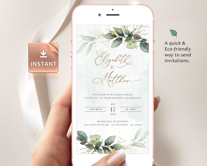 CLEO iPhone Wedding Evite Template, Smartphone Electronic Invitation, Greenery Digital Invite, Mobile Invitation Editable Instant Download image 6