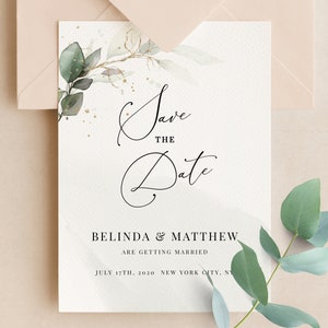 CLEO - Goud Save the Date afdrukbare kaart, Boho aquarel groen Faux Gold, INSTANT DOWNLOAD, afdrukbaar Save the Date bewerkbare sjabloon