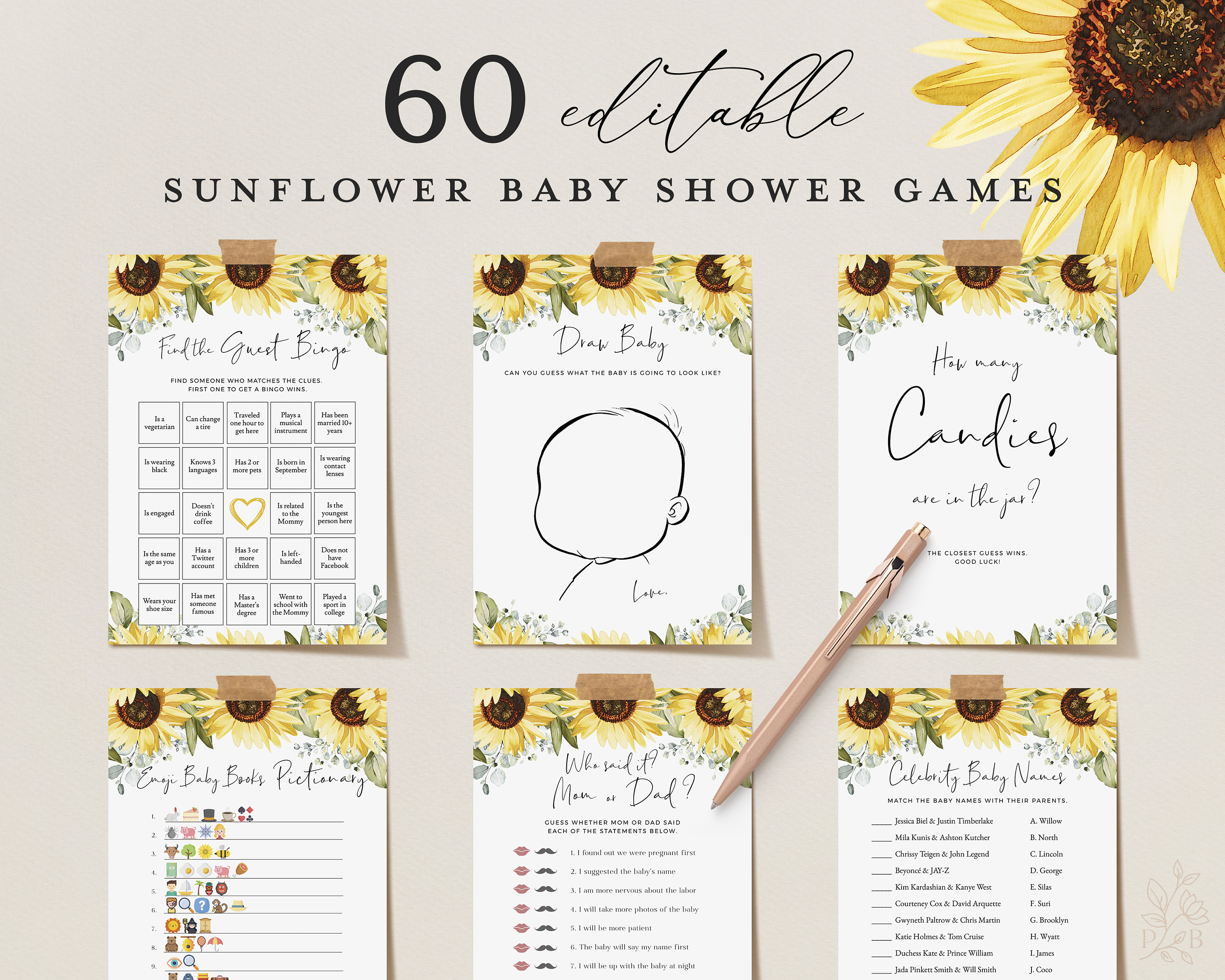 60 SUNFLOWER Baby Shower Games Editable Baby Shower Games Etsy