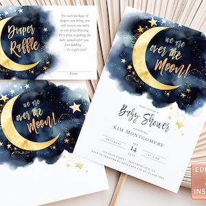 Over de maan baby shower uitnodiging sjabloon Blue Twinkle Little Star bewerkbare baby shower uitnodiging afdrukbare sjabloon Instant download DIY