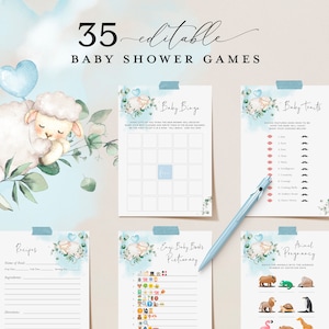 SNOWY - Blue Lamb Editable Baby Shower Games, 35 Funny Baby Shower Games, Boy Games Bundle, Download, Printable DIY Party Virtual Baby Games