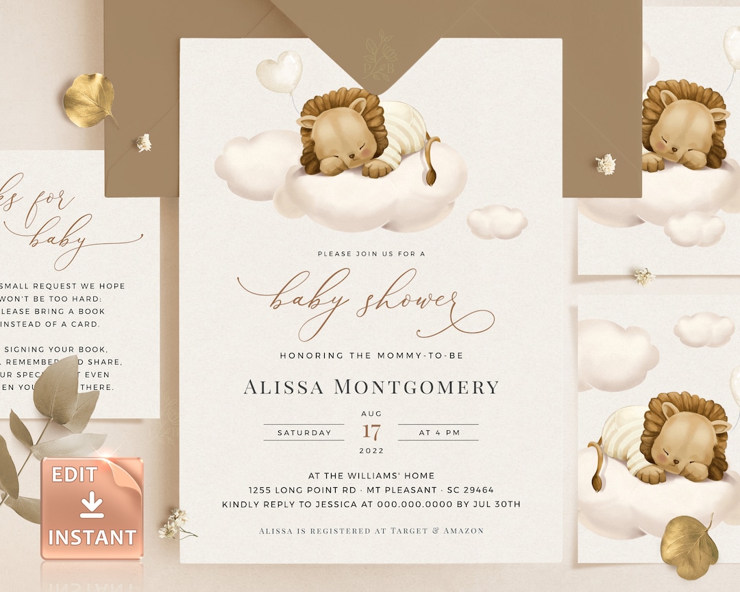 LEO - Lion Baby Shower Invitation Template, Sleeping Lion for All ...