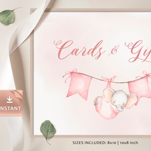 AVA - Cartoline e regali per elefantino rosa, modello modificabile per gli ospiti del baby shower, cartello stampabile per baby shower, segnaletica per la doccia
