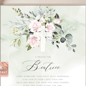 Pink Rose Baptism Prayer Sign for Girl, Personalized Prayer, Christening Gift, Editable Prayer, Prayer Sign, Pink Floral Baptism Gift