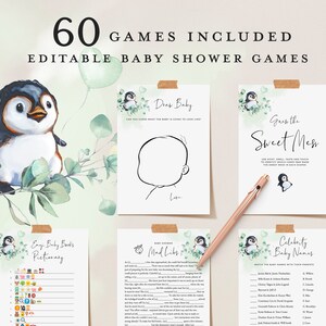 May include: A set of printable baby shower games featuring a penguin illustration with green watercolor accents. The games include "Draw Baby", "Guess the Sweet Mess", "Easy Baby Books Pictionary", "Mad Libs", and "Celebrity Baby Names".