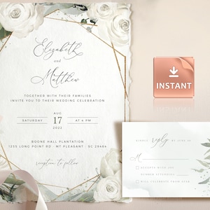 White Roses Wedding Invitation Template: Greenery Eucalyptus (Digital Download)