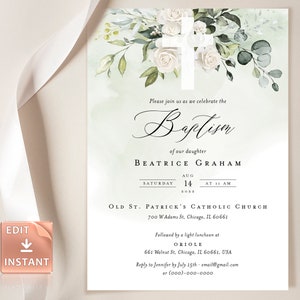 NEVE - Taufe Einladung Vorlage, weiße Rosen grün Florals, druckbare geschlechtsneutrale Taufe einladen, bearbeitbar Sofort Download