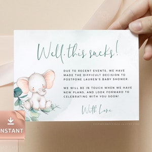 VREUGDE - Babyshower Verander de datum, nou dit is klote, Babyshower uitgestelde aankondiging, afdrukbare datumwijziging, wijziging van plannen, sjabloon