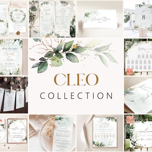 Printable Wedding Invitation Collection, 28 Templates, Greenery and Faux Gold, Editable Wedding Stationery, Customizable, Digital Download