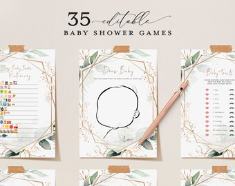 Geometric Baby Shower Games: 35 Printable Gold Cards (Editable)