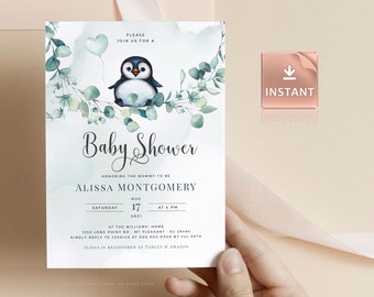 May include: A blue and white baby shower invitation featuring a cute penguin illustration and watercolour greenery. The invitation reads "Baby Shower" and includes the name "Alissa Montgomery" and the date "August 17, 2021".