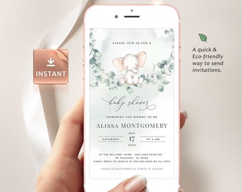 Watercolor Elephant Baby Shower Evite: Gender Neutral Eucalyptus (Editable E-Invite)