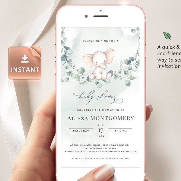 Watercolor Elephant Baby Shower Evite: Gender Neutral Eucalyptus (Editable E-Invite)