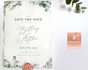 ROMA - Aquarelle Greenery Save the Date Printable Card with Eucalyptus and Rosemary, INSTANT DOWNLOAD, Boho Printable, Editable Template