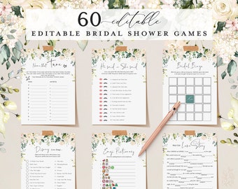 NEVE - 60 Editable White Rose Greenery Bridal Shower Games, Bridal Shower Games Bundle, Instant Download, Wedding Printable, Hen Party