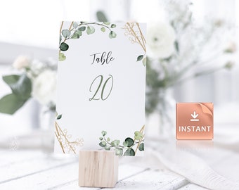 Eucalyptus Wedding Table Numbers: Faux Gold Greenery, Editable Template (Instant Download)