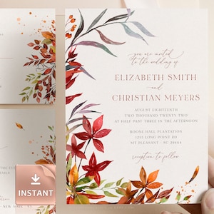 SIENNA - Burnt Orange Fall Wedding Invitation Template, Rustic Leaves and Greenery, Télécharger Invitation modifiable, Invitations de mariage imprimables
