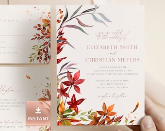 SIENNA - Burnt Orange Fall Wedding Invitation Template, Rustic Leaves and Greenery, Download Editable Invite, Printable Wedding Invites