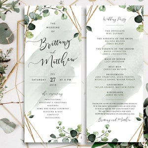 Puede incluir: Una invitación de boda con un fondo de acuarela y detalles dorados. La invitación presenta los nombres "Brittany" y "Matthew" y la fecha "27 de julio de 2019".