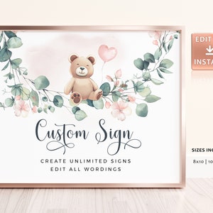 Cartello per baby shower con orsetto rosa: poster con orsetto rosa (stampabile)
