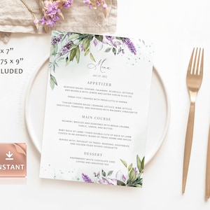 LAMI - Modèle de cartes de menu lavande, mariage violet, brunch de douche nuptiale, dîner lilas, modèles de téléchargement modifiables imprimables