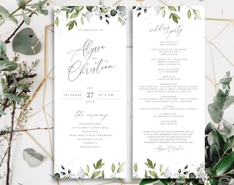 Sjabloon boho-groen bruiloftsprogramma: eucalyptuswaaier (direct downloaden)