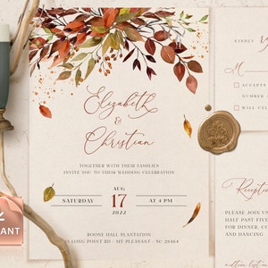 SIENNA - Bohemian Rustic Fall Wedding Invitation Template, Fall Leaves and Greenery, Burnt Orange Invites, Boho Fall Invitations, DIY