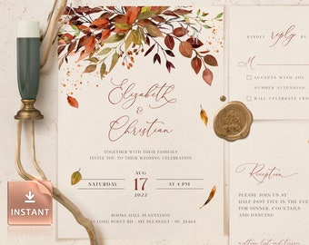 SIENNA - Bohemian Rustic Fall Wedding Invitation Template, Fall Leaves and Greenery, Burnt Orange Invites, Boho Fall Invitations, DIY