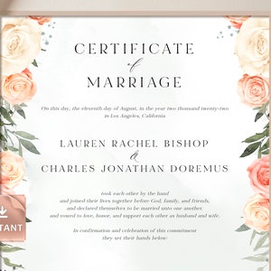 Blush Roses Hochzeit Zertifikat, modernes Zertifikat Andenken, grüne Kalligraphie Hochzeit Zertifikat Vorlage, Heirat Andenken Download