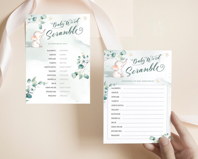 May include: A printable baby shower game with a green and white watercolor background featuring a cute elephant illustration. The game is called "Baby Word Scramble" and asks players to unscramble baby-related words.