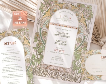 Wedding Invitation, Art Nouveau Mucha Bougainvillea Template - Editable, Printable | 5x7 Card, RSVP 5x3.5, 4x6