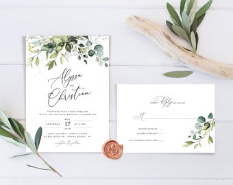 REESE - Boho Greenery Wedding Invitation Template, Watercolor Eucalyptus Wedding Invite, Bohemian Wedding Template Suite, Instant Download