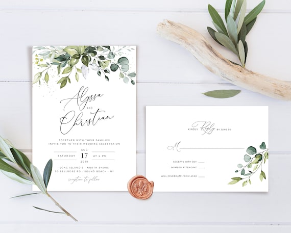 Bohemian Wedding Suite Instant Download Boho Watercolor Eucalyptus Wedding Invite Template REESE Geometric Greenery Wedding Invitation