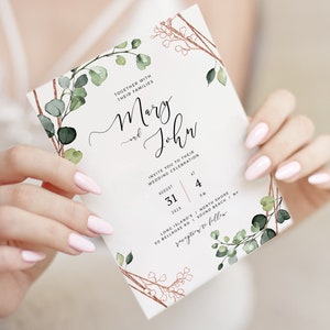 ROSEGOLD Hochzeitseinladungsvorlage, grüne Templett Designs, DIY, ein komplettes Bündel für den Heimdruck, Ihre sofortige Hochzeits-Reihe