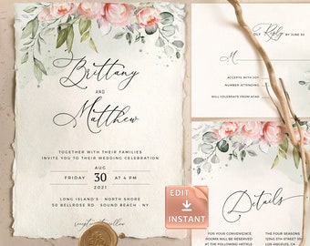 Peony Wedding Invitation Template: Boho Watercolor Greenery (Instant Download)