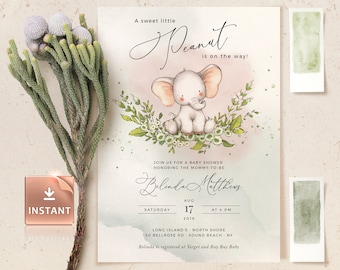 Watercolor Elephant Baby Shower Invitation: Peanut Theme (Instant Download)