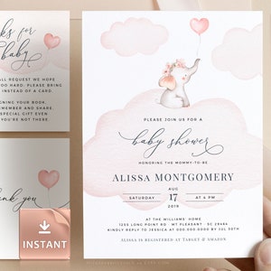 Pink Elephant Baby Shower Invitation Set: Blush Watercolor (Digital Download)