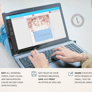 May include: A laptop computer screen shows a digital template for a Quincea&ntilde;era invitation. The template features a watercolor floral design with pink and peach flowers and leaves. The text on the template reads "Quincea&ntilde;era" in a cursive font. The text "EDIT WITH Template EDITABLE TEMPLATE" is visible in a circle on the right side of the screen.